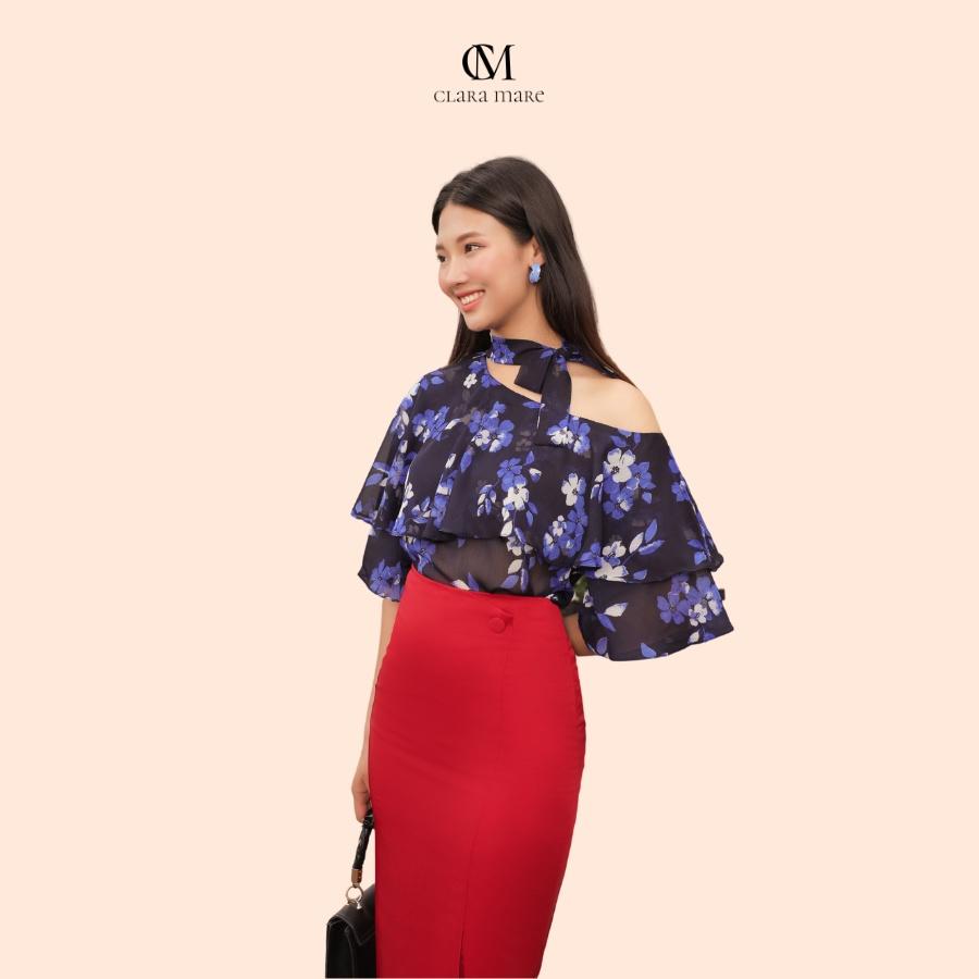 Áo sơ mi lệch vai, cổ buộc nơ, kiểu dáng đi chơi đi biển, chất liệu voan lụa nhẹ thoáng CLARA MARE BLS4004