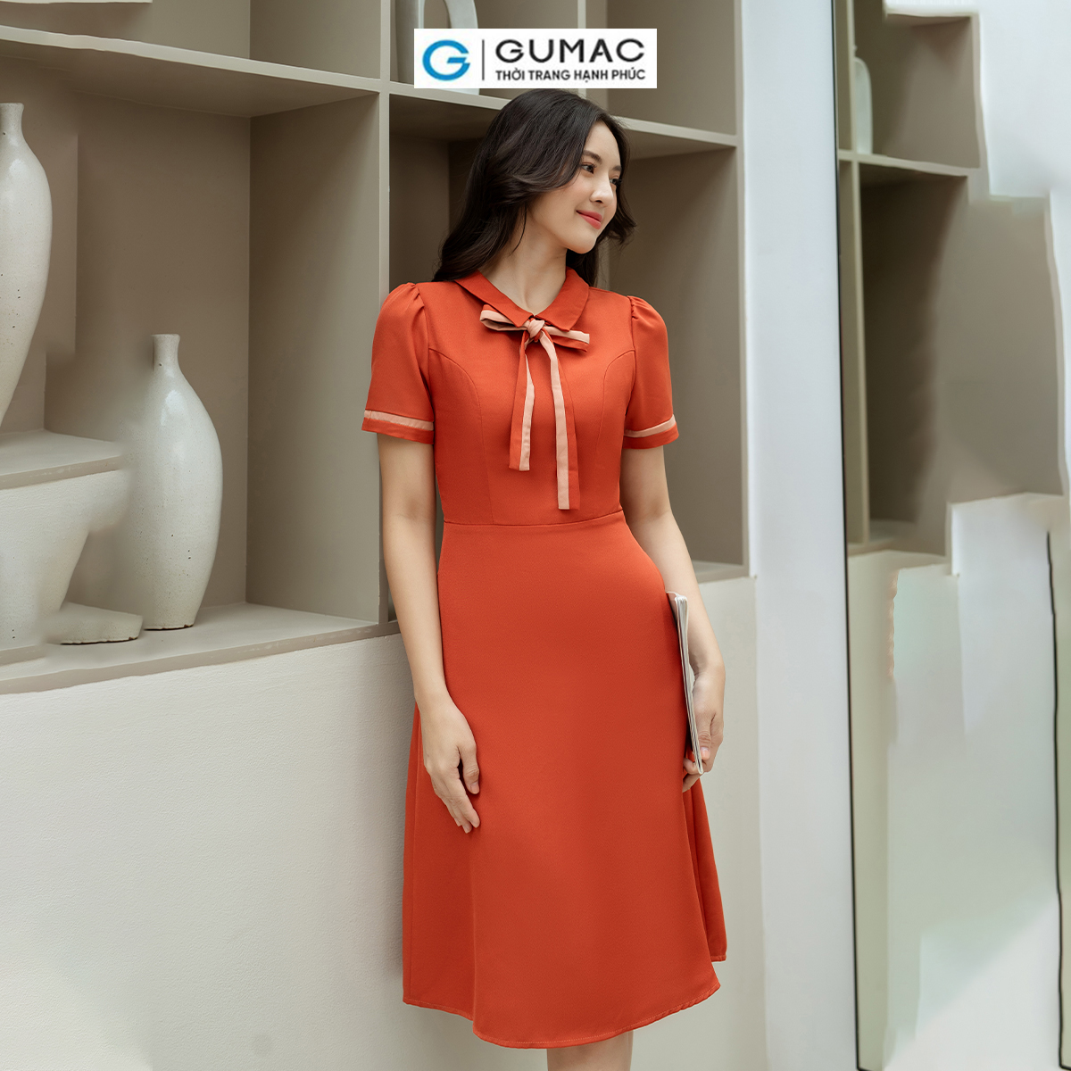 Đầm A nẹp tay phối thời trang GUMAC LDD0805