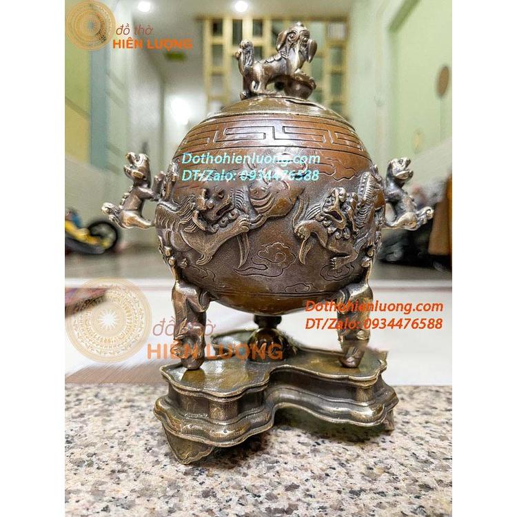 Lư Xông Trầm Nghê Vờn Cầu Bằng Đồng Hun Màu Nâu Giả Cổ Kích Thước 17x20cm, Nặng 1Kg Đẹp Tinh Xảo