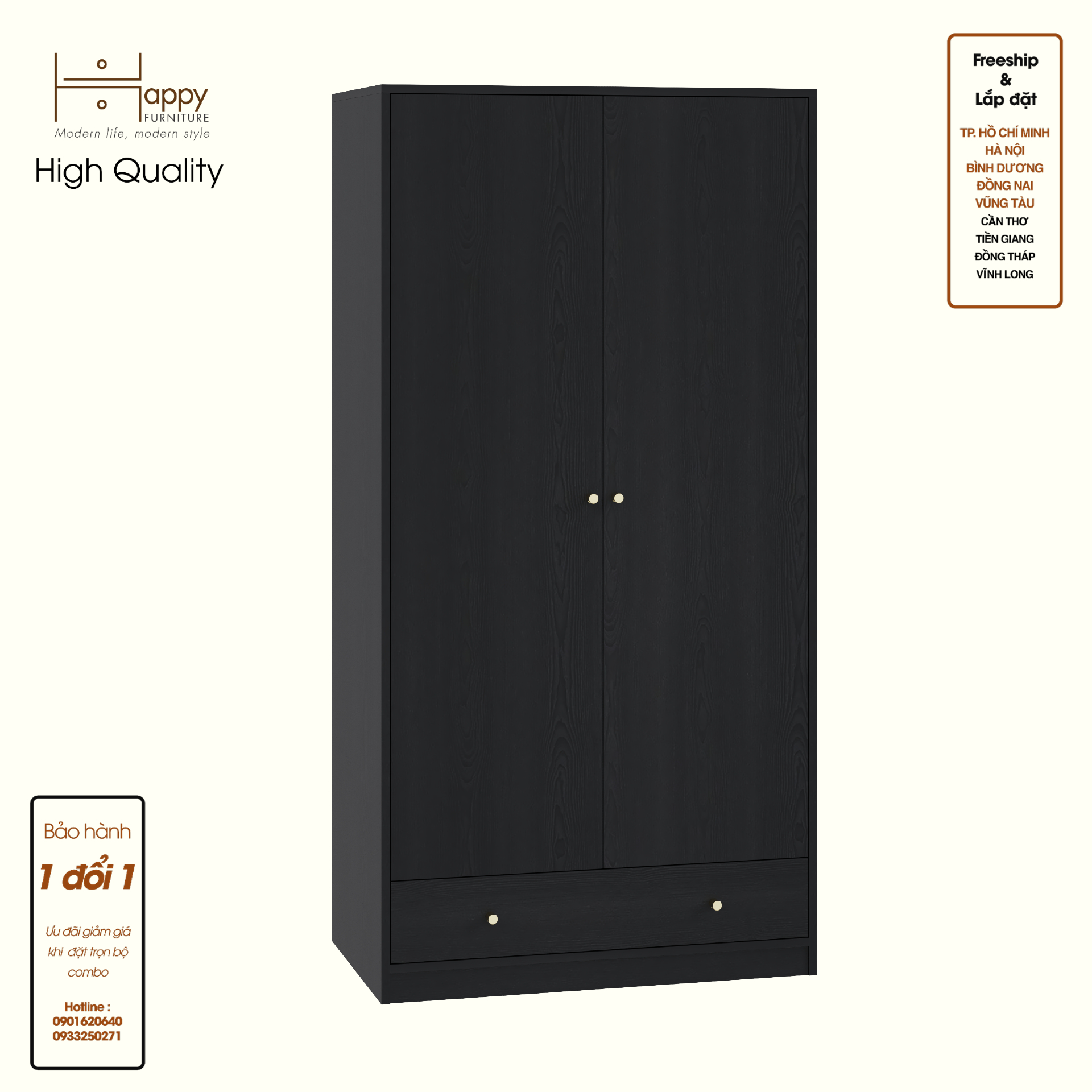 HAPPY FURNITURE , Tủ quần áo 2 cửa mở 1 ngăn kéo - HAPPI, TCM_232 , 90cm x 54cm x 180cm DxRxC
