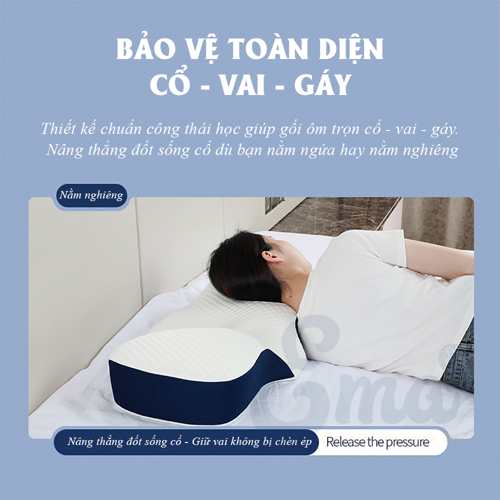 Gối cao su non công thái học chống đau vai ngáy, ngủ ngáy, hỗ trợ ngủ nhanh EMA- Thiết kế riêng biệt cho tư thế nằm ngửa và nằm nghiêng