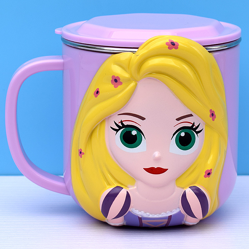 Ly inox giữ nhiệt , cốc có quai cầm 260ml hình công chúa Princess Rapunzel nổi 3D màu hồng cho trẻ em , bé gái - 97VNDP2265