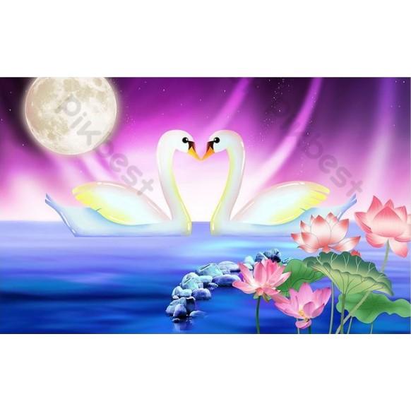 Tranh đôi thiên nga dưới ánh trăng, tranh dán tường 3d hiện đại MS639389