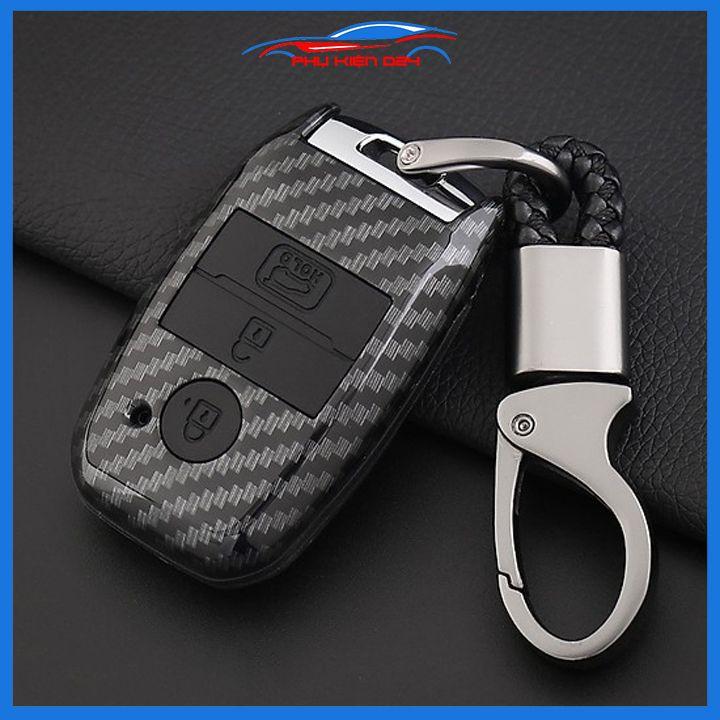 Ốp vỏ bọc chìa khóa xe Sorento sợi nhựa cacbon kèm móc treo Inox