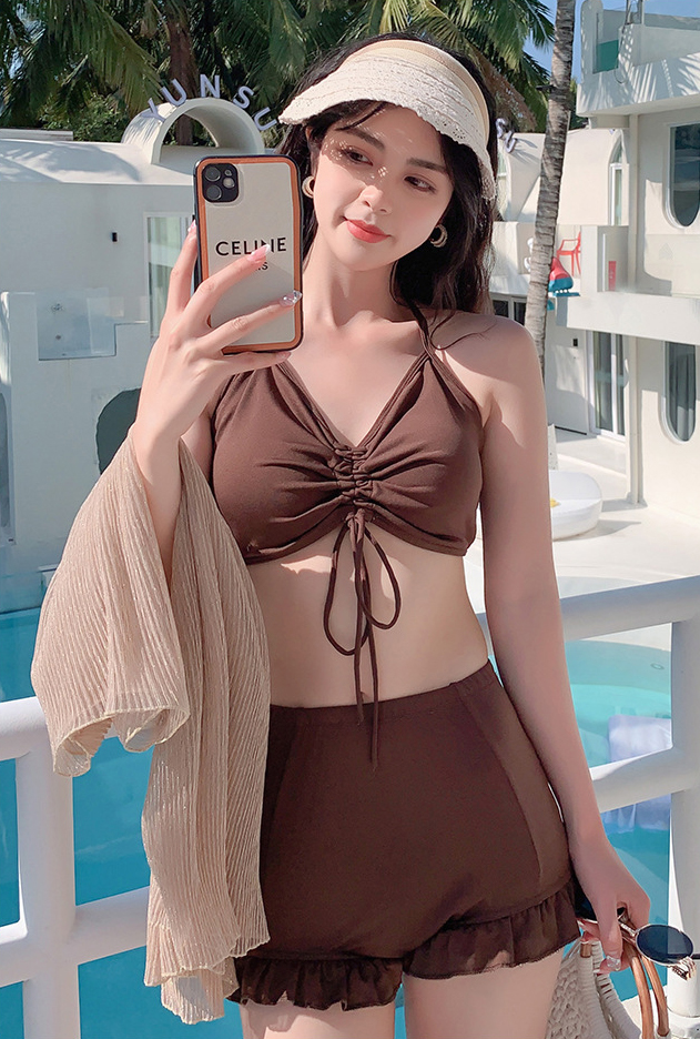 (Sẵn) Đồ bơi nữ tay dài kín đáo trẻ trung, Bikini đi biển 2 mảnh quần đùi, Set bikini buộc dây có áo choàng tắm