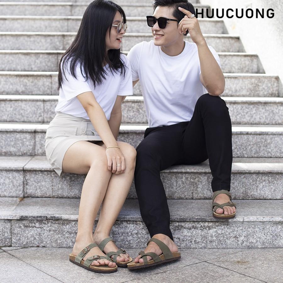 Dép unisex Huucuong xỏ ngón da bò rêu đế trấu handmade