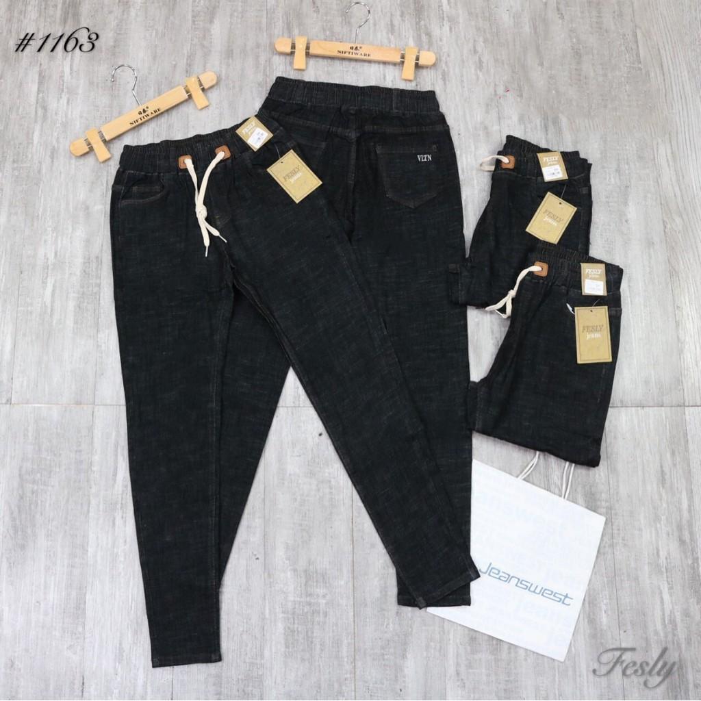 Quần Jeans Nữ Cạp Chun Đen Cao Lưng