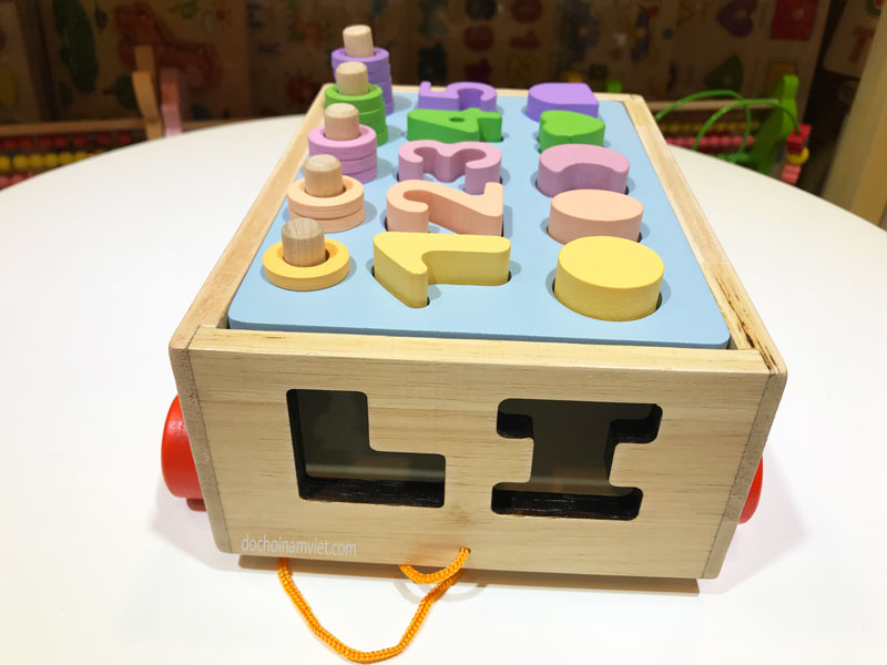 Xe kéo ô tô thả hình khối, con vật, học số và tập đếm xâu hạt đồ chơi gỗ