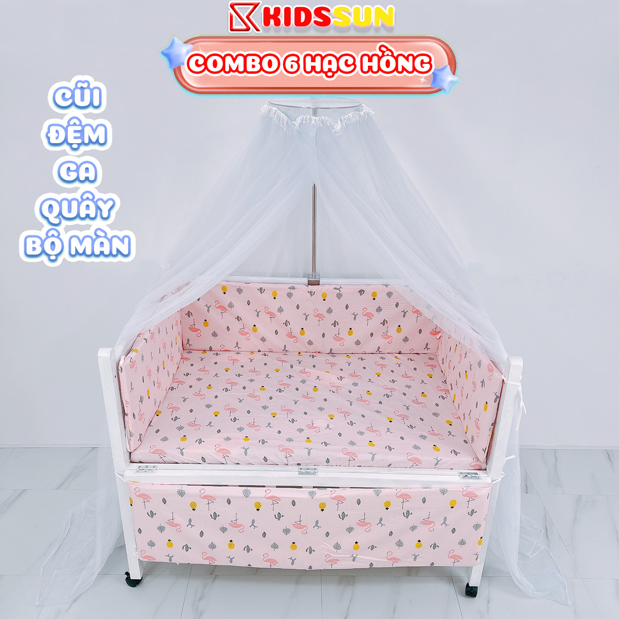 Giường Cũi - Nôi Cũi Cho Bé Từ Sơ Sinh Đến 3-4 Tuổi - Chất Liệu Gỗ Quế Màu Trắng - Combo 6 Sản Phẩm