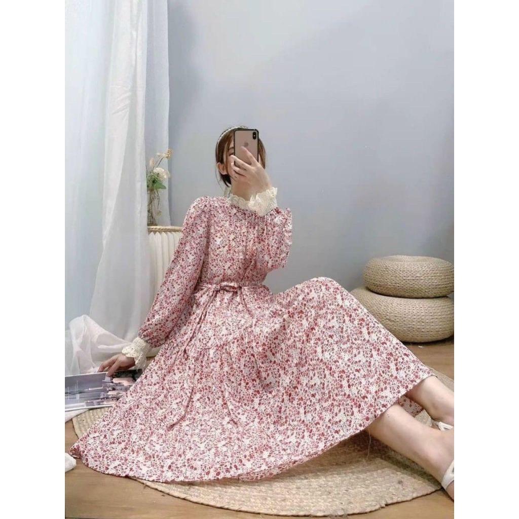 Váy bầu thời trang thiết kế hoa nhí cổ pha ren tiểu thư xinh xắn V259