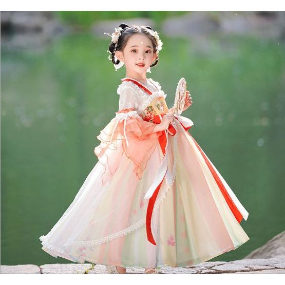 Đầm váy công chúa cổ trang hanfu thêu hoa cho bé gái diện lễ tết trung thu đẹp size 100-160 hàng Quảng Châu