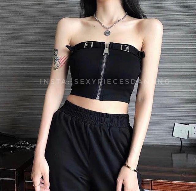 Áo ống da dây kéo phối khoen siêu chất -B0N