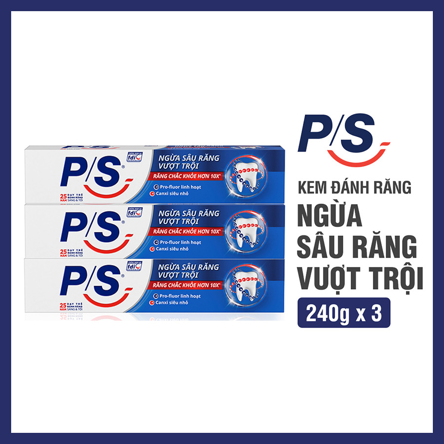 Combo 3 Kem Đánh Răng P/S Ngừa Sâu Răng Vượt Trội 240g lấp đầy các lỗ sâu li ti giúp răng chắc khỏe hơn 10X cho cả gia đình