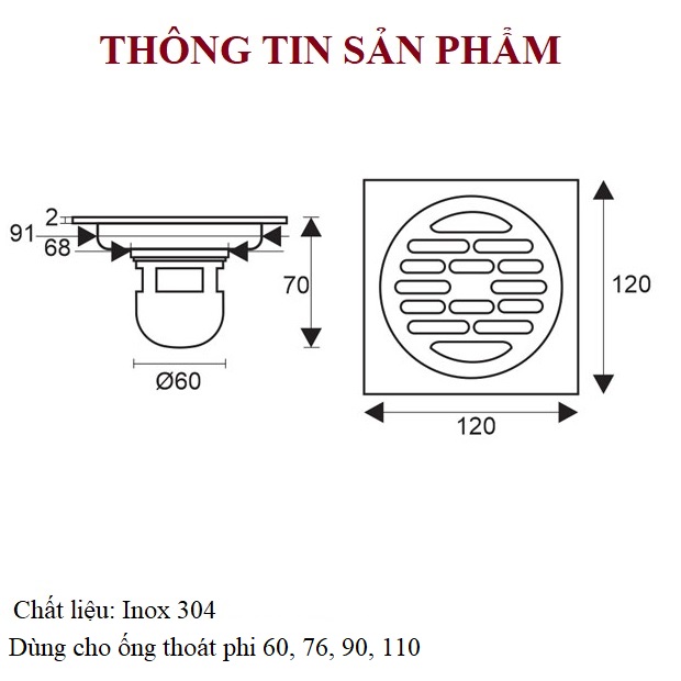 Phễu thoát sàn chống mùi hôi Inox 304 Mặt Tròn GTS1 dày 2mm - Ga thoát sàn chống trào ngược, chống côn trùng Cao cấp (KT 12 x 12 cm)