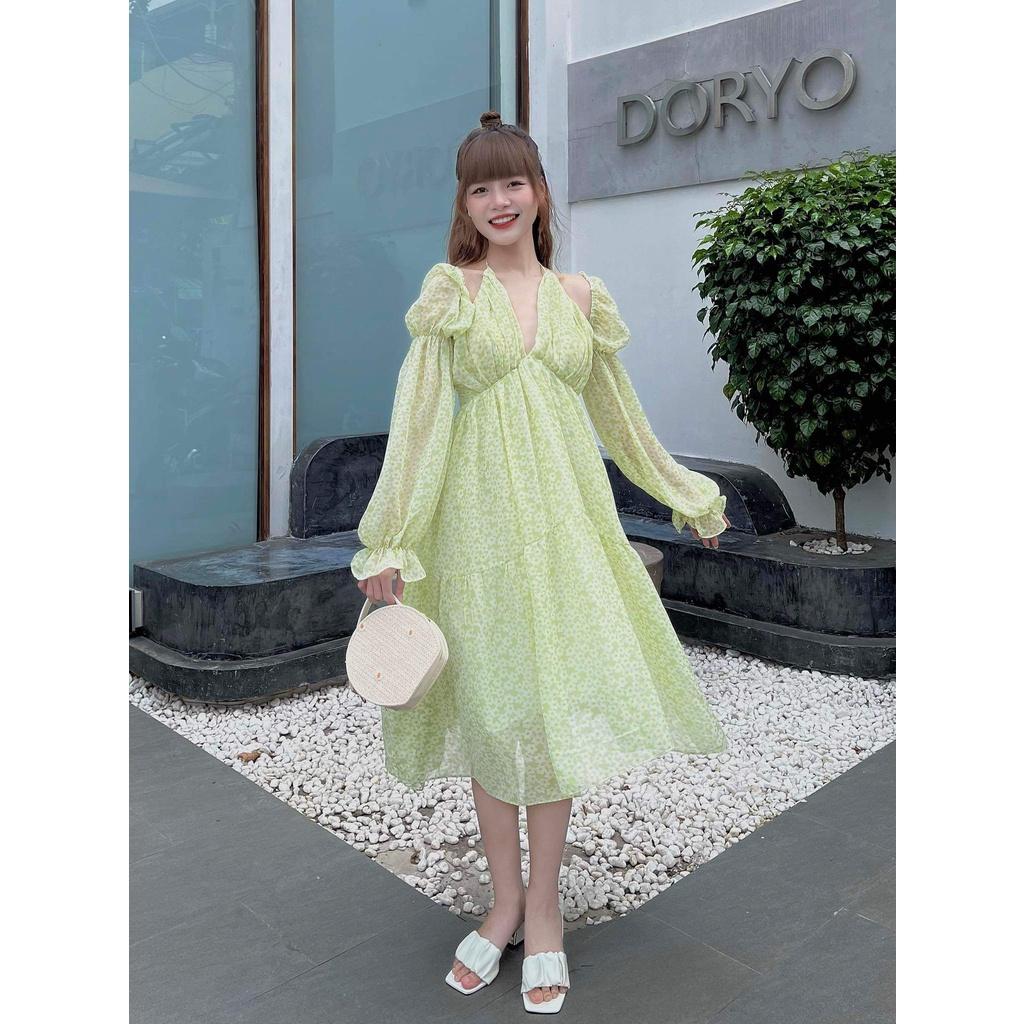 Đầm voan chiffon hoa xanh nhí có smocking lưng thun