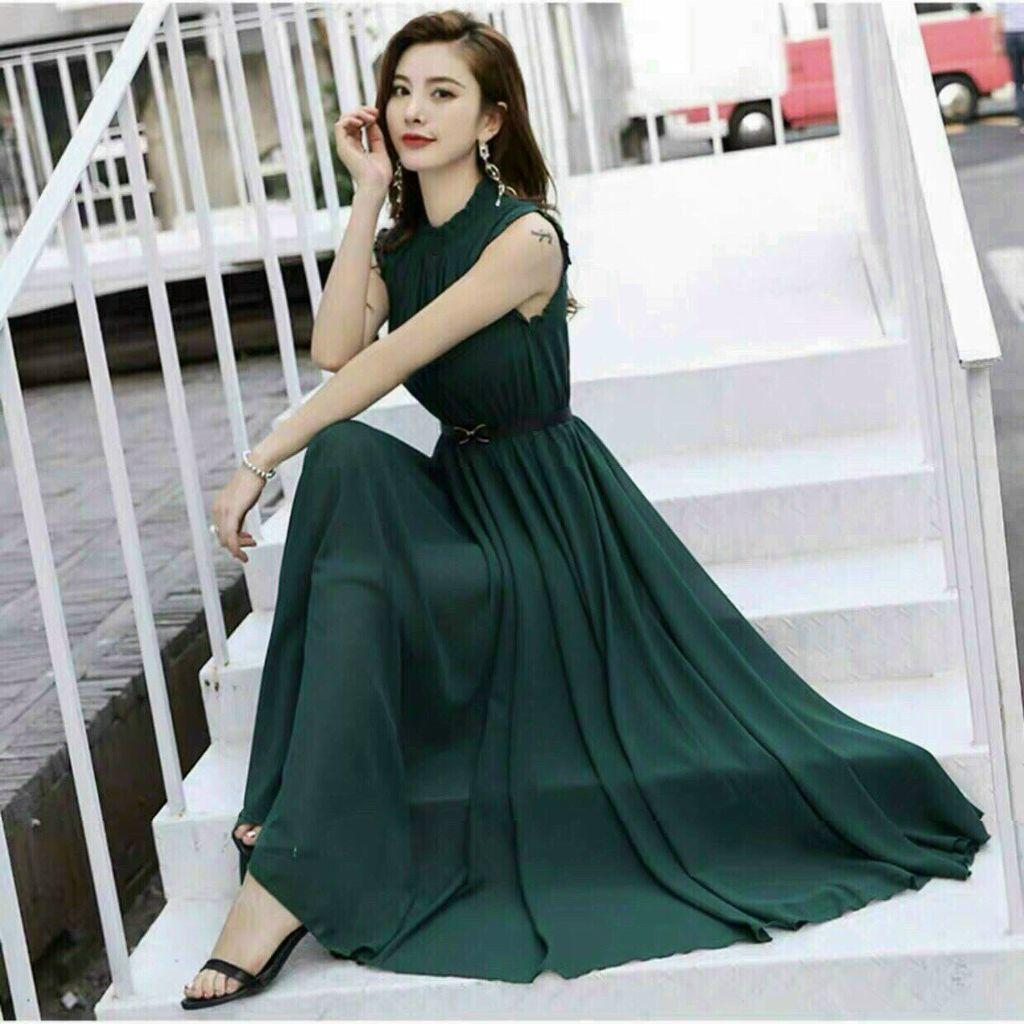 Đầm Maxi Cổ Trụ, Kèm Belt Thắt Eo, Màu Xanh Siêu Đẹp, Tôn Da, Sang Trọng