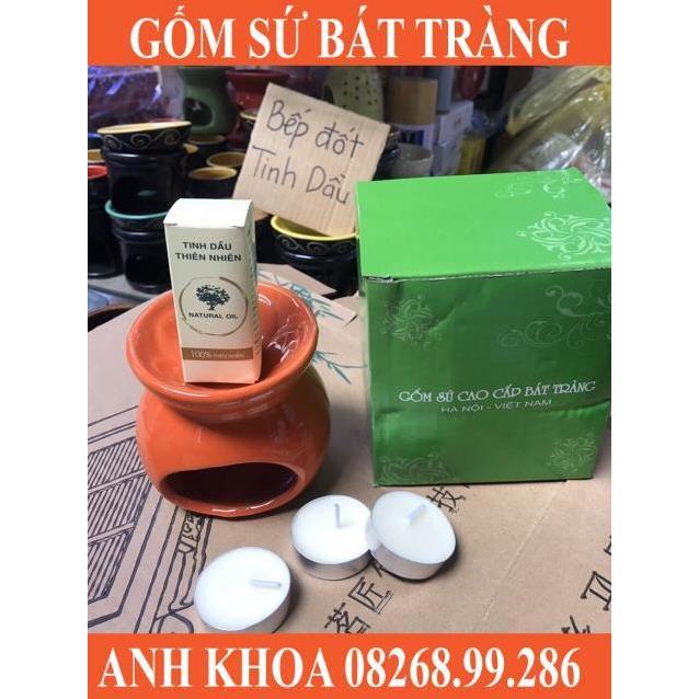 Set bếp đốt tinh dầu kèm 3 viên nến và lọ tinh dầu - Gốm sứ Bát Tràng Anh Khoa