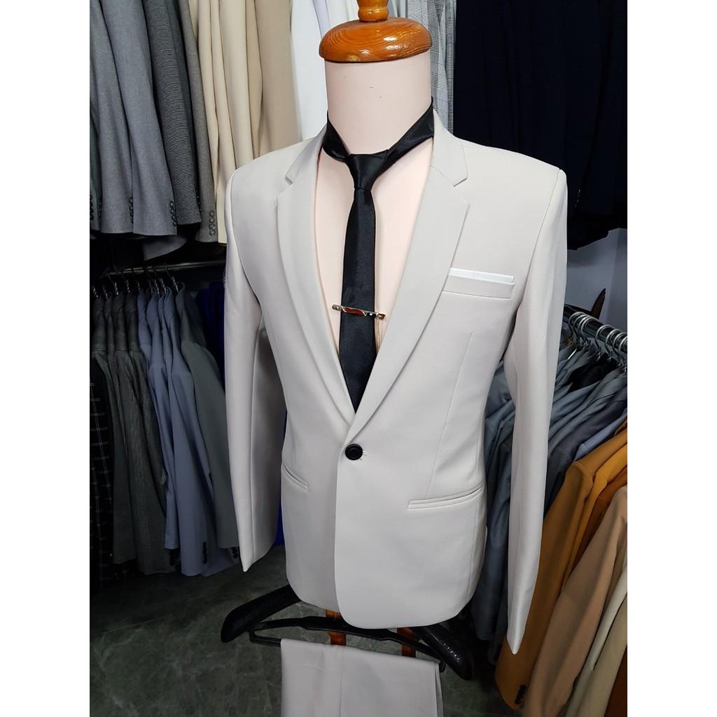 Bộ vest nam ôm body màu nude chất vải dày mịn co giãn tặng cà vạt kẹp