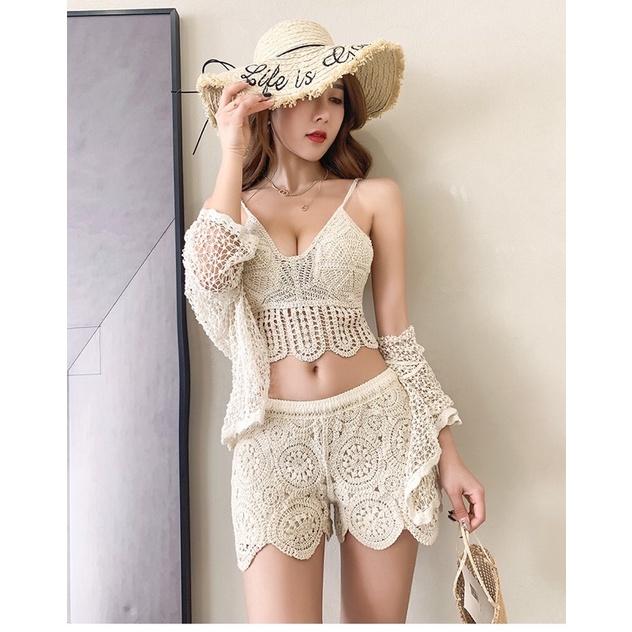 37-Set bikini ren đi biển 3 món gồm áo choàng hạt-áo bra-quần sóc mã mới 2022