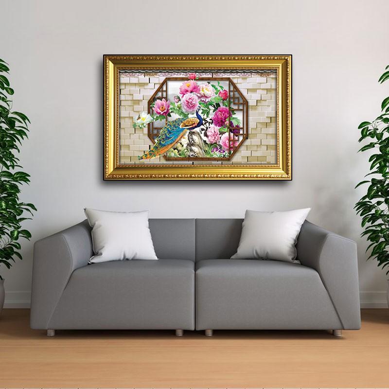 Tranh chim công và hoa mẫu đơn W661