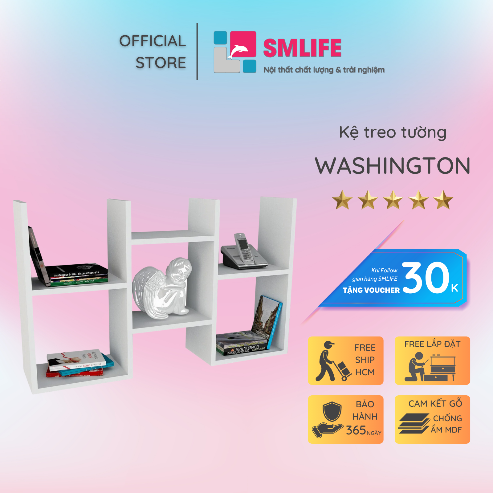 Kệ gỗ treo tường trang trí hiện đại SMLIFE Washington | Gỗ MDF dày 17mm chống ẩm | D100xR20xC60cm