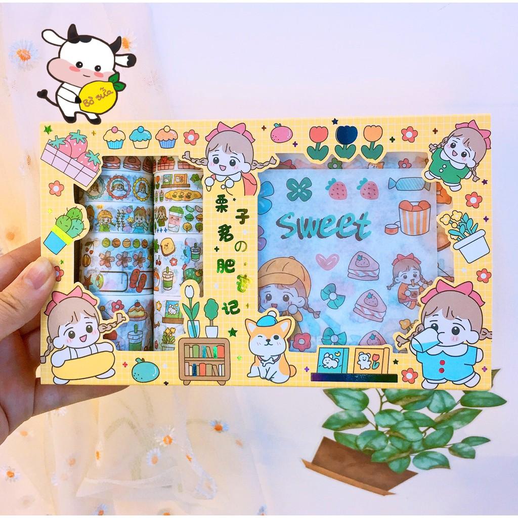 Washi Tape Sticker Cute Hình Dán Bullet Journal Cô Bé Đáng Yêu Hộp Washi Stickers Trang Trí Sổ Tay