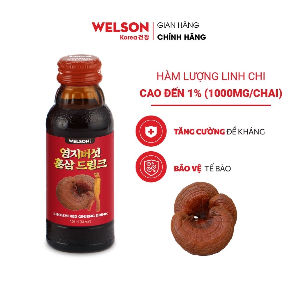 Linh Chi và Hồng Sâm Hàn Quốc Tăng Sức Đề Kháng Welson Lingzhi Red Ginseng 2 chai x 100ml