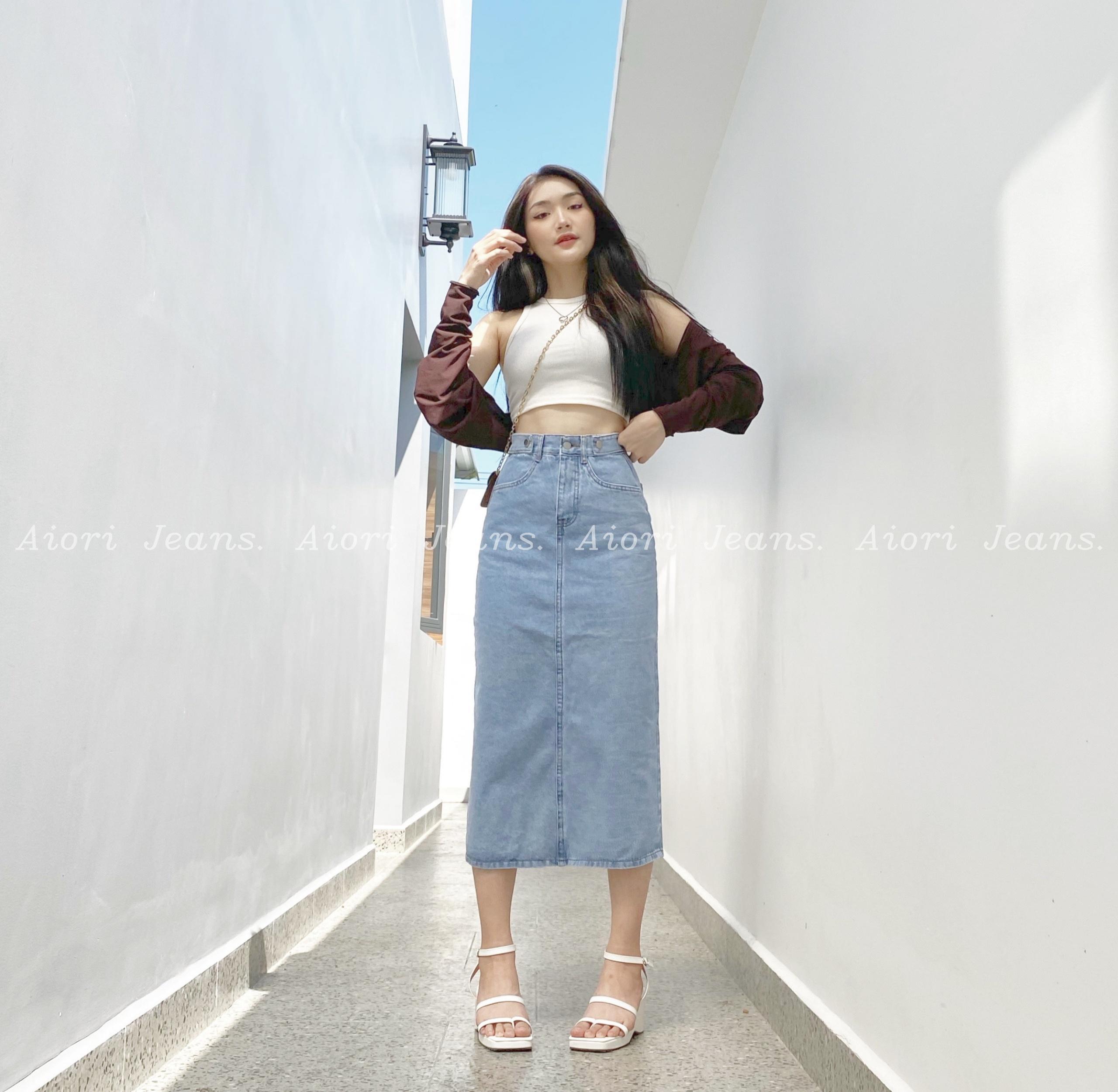 Chân Váy Jean Denim AIORI Thiết Kế Midi Dài Xẻ Tà Lưng Cao Dáng Chữ A Cạp Cao Thời Trang_Mã V005