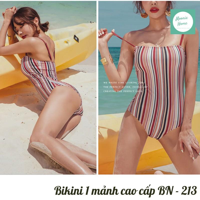 Bikini 1 mảnh, Đồ Bơi Liền Thân Đi Biển Họa Tiết Sọc Kẻ Đen Đỏ Cực Xinh Mã BN-213 (Ảnh + Video Thật)