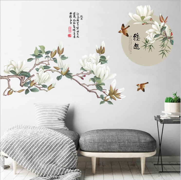 Decal dán tường Hoa mộc lan thủy mặc trang trí nhà cửa sang trọng, tinh tế (80 x 150 cm)