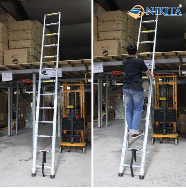 Thang rút đơn đai nhôm bền bỉ, ống thang dày chắc, chân thang chống trượt, chính hãng Nikita