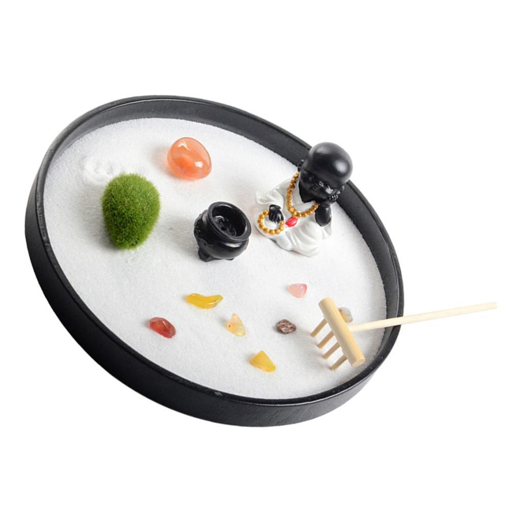 Round Mini Zen Garden w/Figurines Wooden Desktop Meditation Sandbox Dia 82"