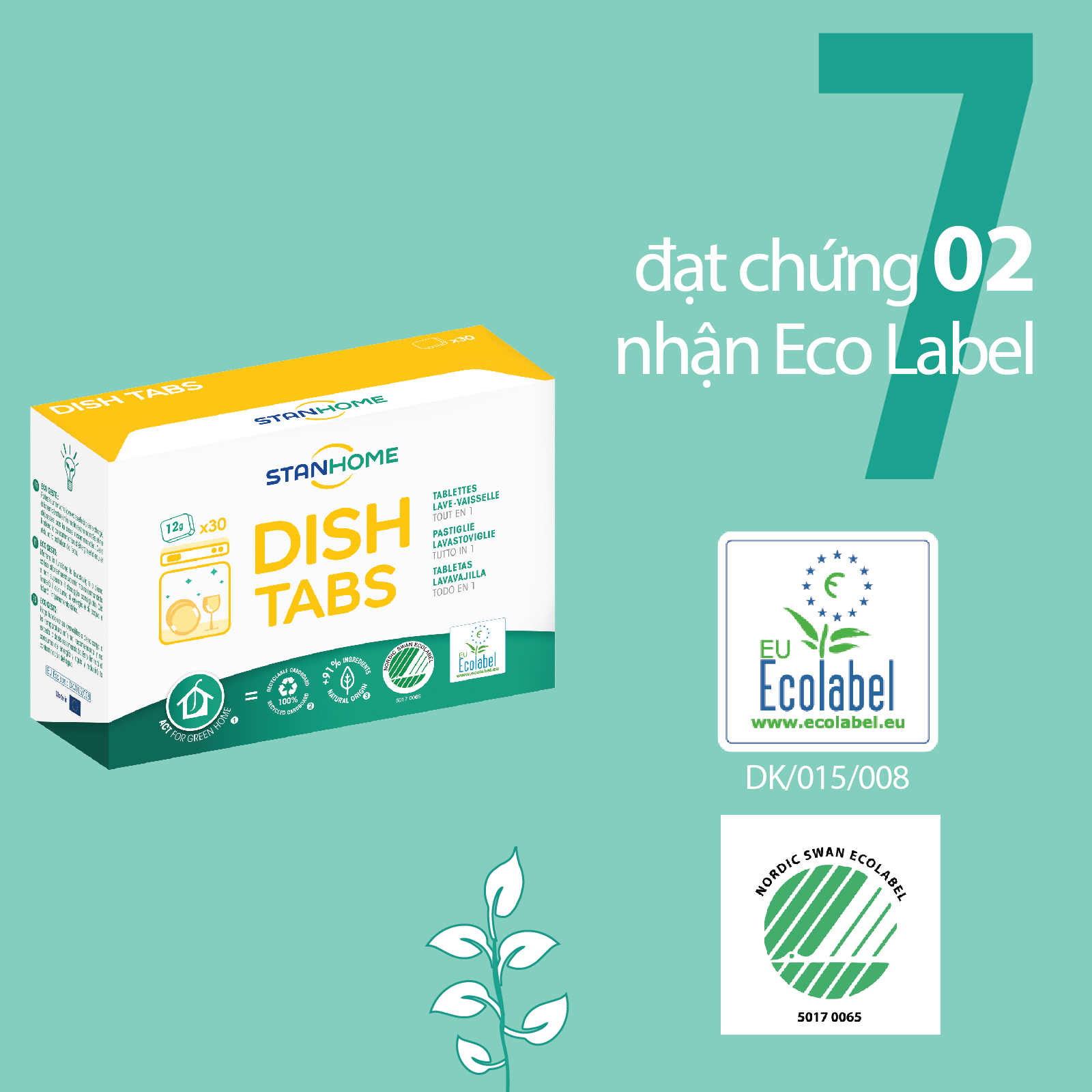Viên rửa bát cho máy Stanhome Dish Tabs All in one tiêu chuẩn Ecolabel Châu Âu và Ecolabel Bắc Âu - Hộp 30 viên – 12g/viên
