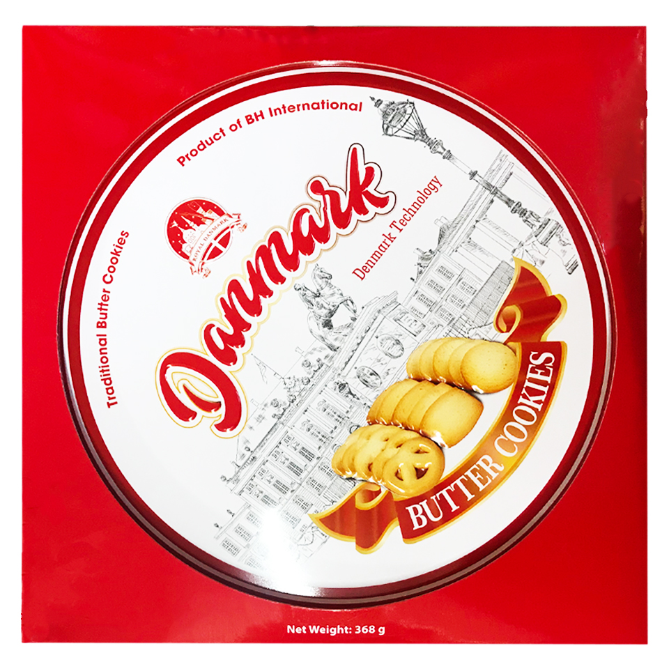 Bánh Cookies Danmark màu đỏ - Hộp thiếc tròn 368g (Có túi xách)