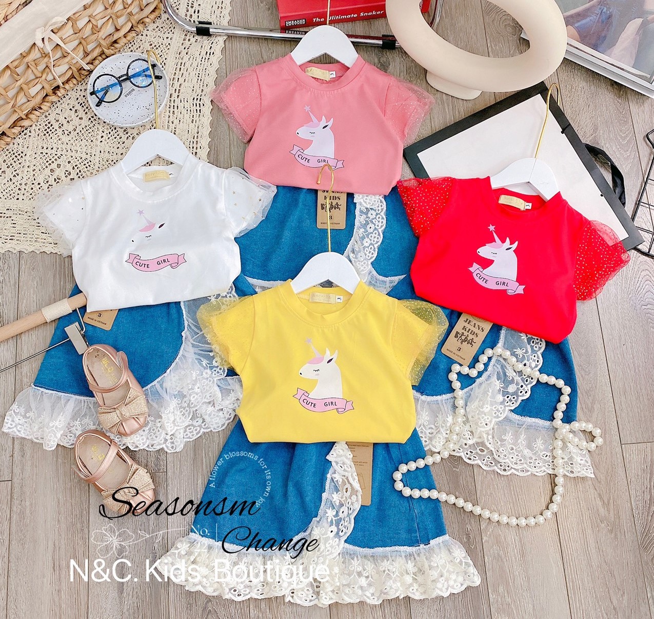 Quần áo bé gái, nguyên set chân váy phối áo hình Pony cho bé gái đi chơi đẹp từ 12-20kg chất cotton mềm mát