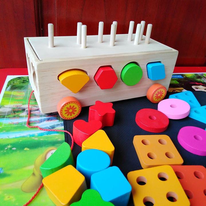 Đồ chơi thông minh xe kéo thả hình khối kèm bảng phân loại bằng gỗ mịn an toàn cho bé giúp phát triển tư duy trí tuệ