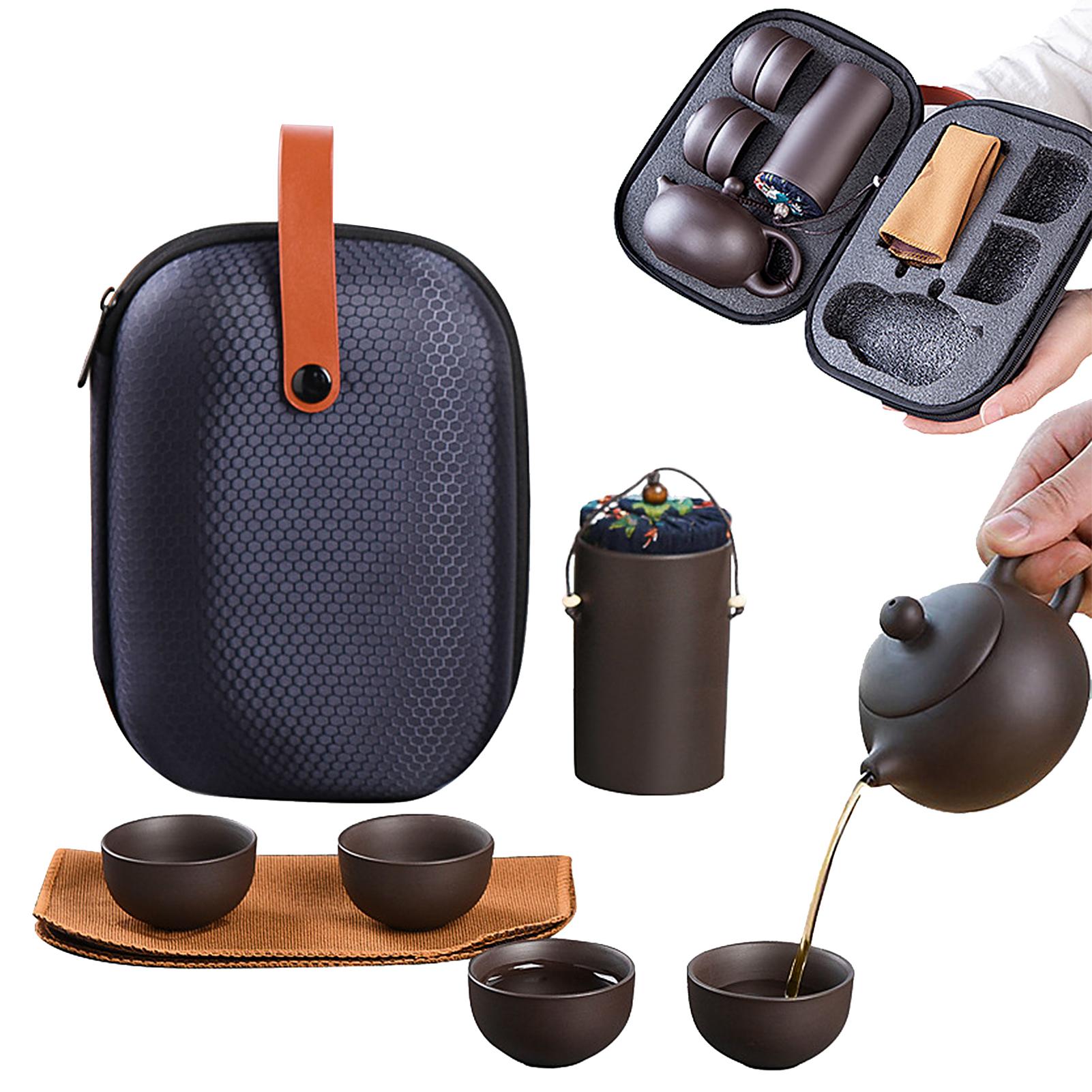 Ceramic Purple Sand Tea Set Portable Outdoor Travel Tea Pot and Cups Set with Towel Tea Canister and Carry Bag