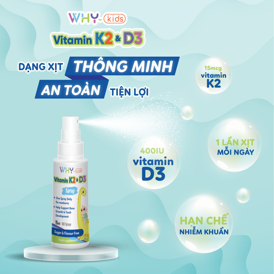 Why Kids Vitamin K2 & D3 Spray 15ml - Hỗ Trợ Tăng Cường Hấp Thu Calci