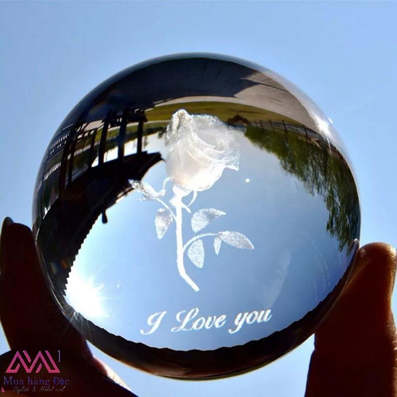 Quà tặng pha lê Bộ Quả Cầu khắc 3D hoa hồng I Love You led