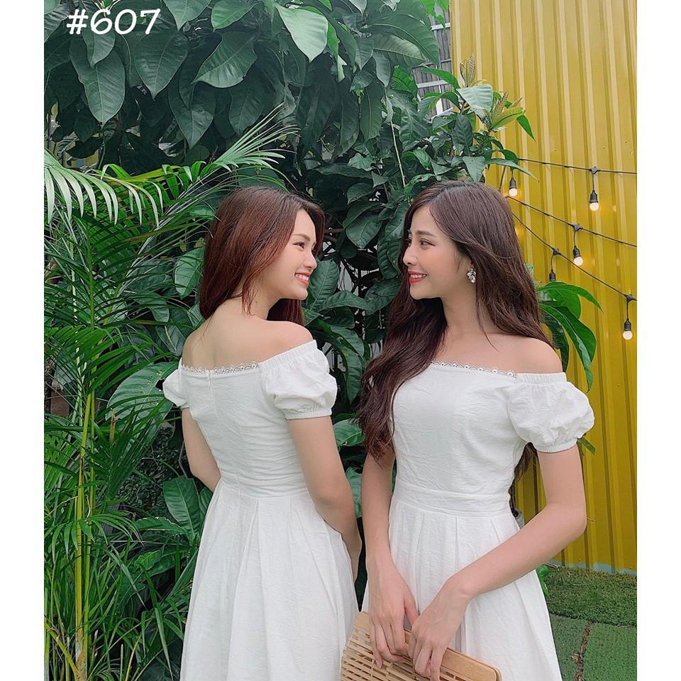 Đầm trắng xòe trễ vai phối ren dễ thương dịu dàng