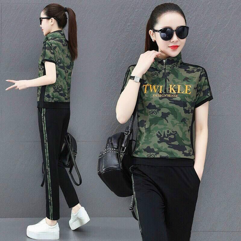 SET BỘ THỜI TRANG KHÓA PHỐI HỌA TIẾT LÍNH CHỮ THÊU