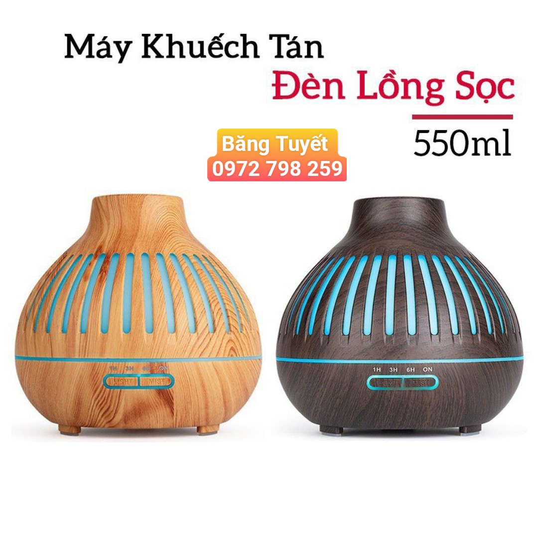 Máy khuếch tán tinh dầu,Đèn Xông tinh dầu Đèn Lồng Sọc Vân Gỗ Vàng + Đen 550ml tặng tinh dầu 10ml