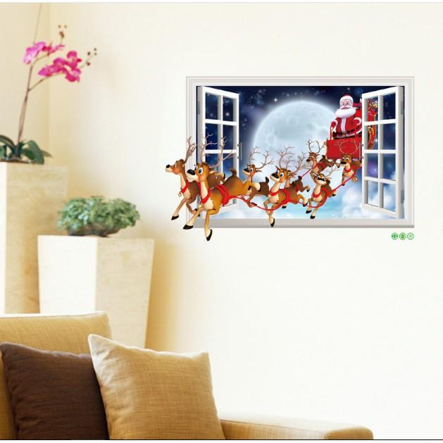 Decal trang trí Noel - Cửa Sổ Tuần Lộc chở Ông già Noel đi phát quà