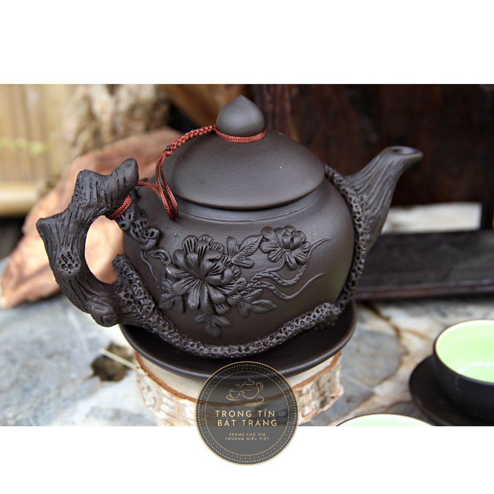 Bộ Ấm Chén Trà Đạo Gốm Tử Sa Bát Tràng Đắp Nổi Hoa Phù Dung Dáng Thủy Bình Dung Tích 400ml ATSML 02.2