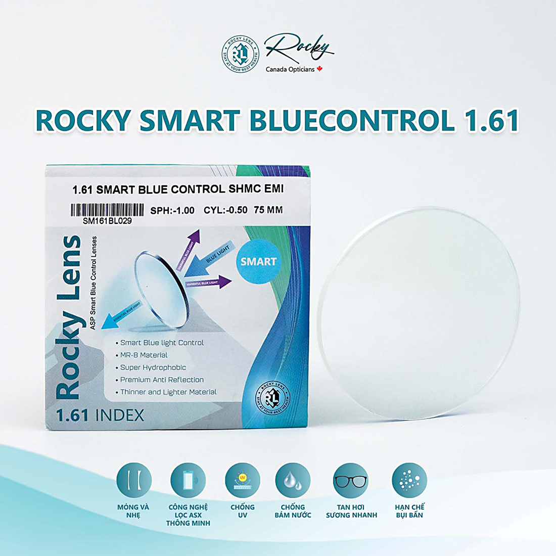 Tròng Kính Rocky Smart Bluecontrol 1.61 ASP Chống Ánh Sáng Xanh Thông Minh