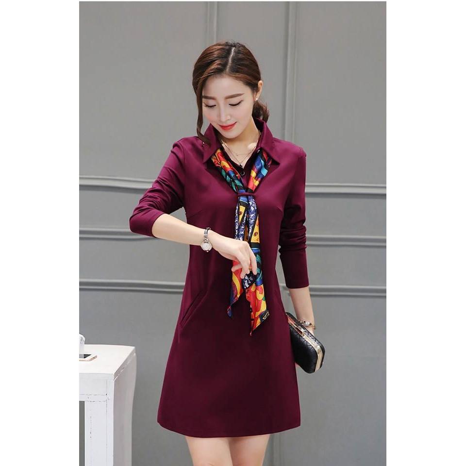 Đầm cổ đức dài tay tặng kèm khăn cổ DVNL14