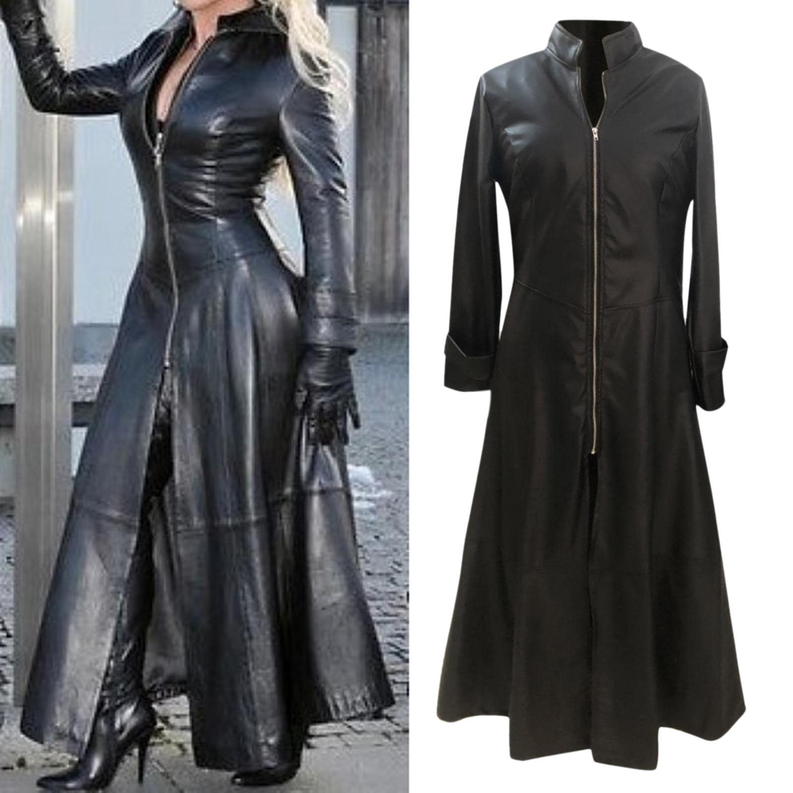 Long coat dress jacket women winter pu leather S Black