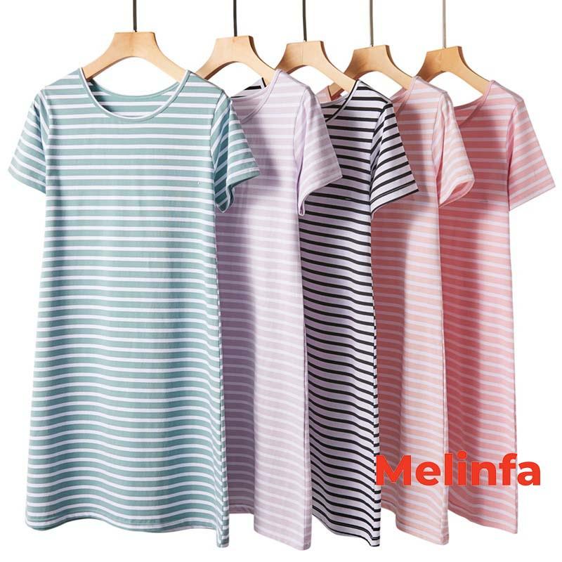 Váy đầm nữ dáng suông kẻ ngang ngắn tay vải Cotton tự nhiên thoáng mát mặc mã VAV0239