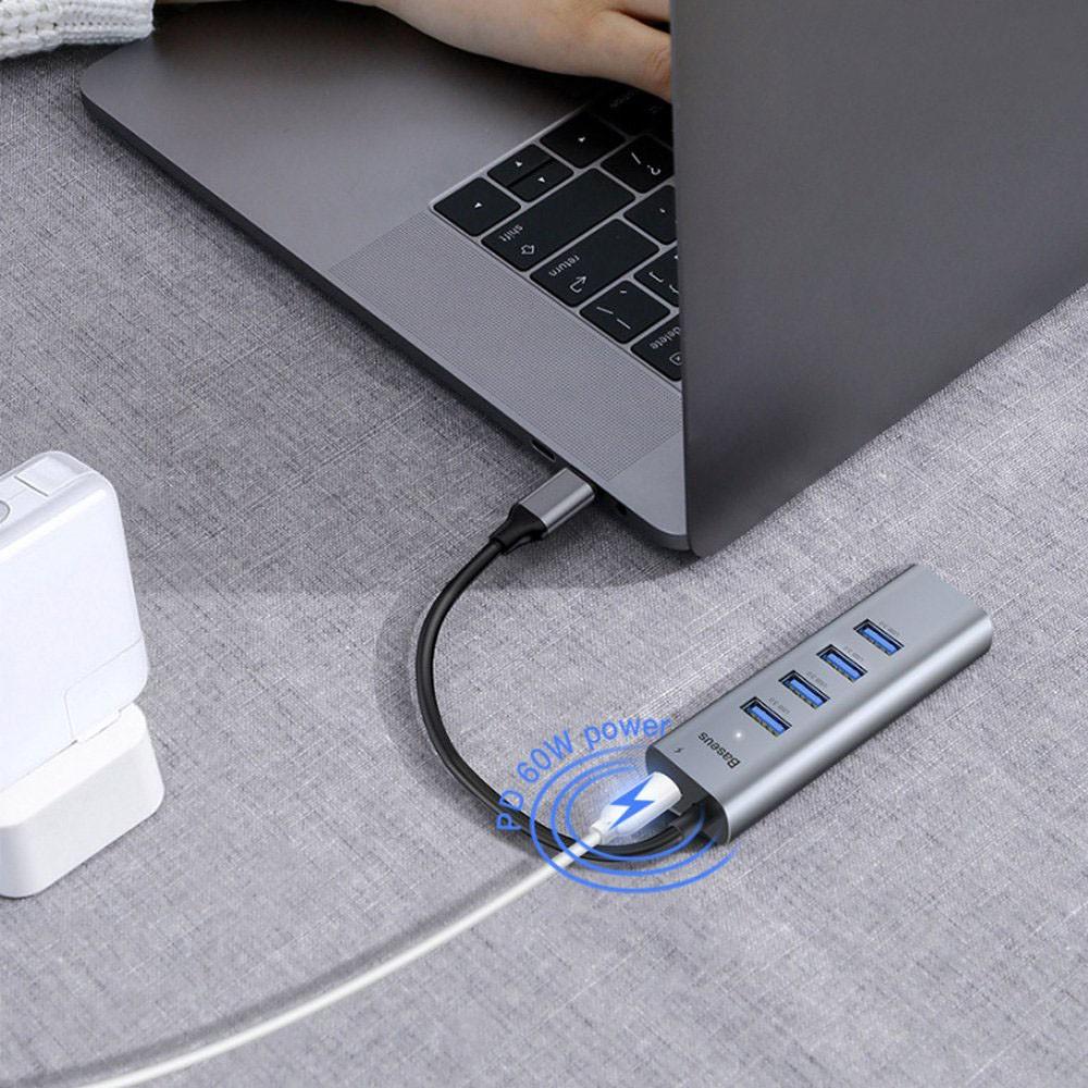 Hub cho Smartphone/ Table/ Laptop/ Macbook (Chuyển nhanh PD/5.0 Mbps) - Hub chuyển cổng Type C to 4 Port USB 3.0 + Type C Power Delivery - Baseus Enjoy Series - Hàng Chính Hãng