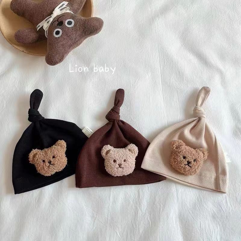 mũ vải cotton dáng tỏi gắn hình mặt gấu cho bé sơ sinh dưới 4 tháng tuổi